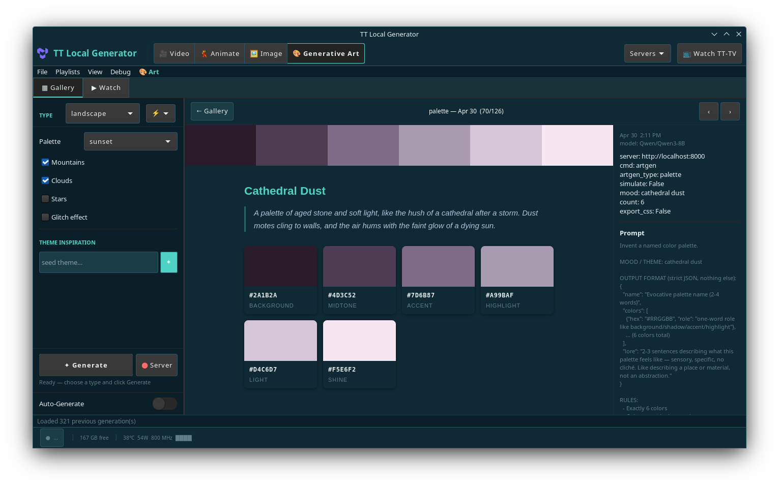 Palette detail view — Cathedral Dust palette with hex swatches, color roles, prose lore, and the LLM prompt that generated it