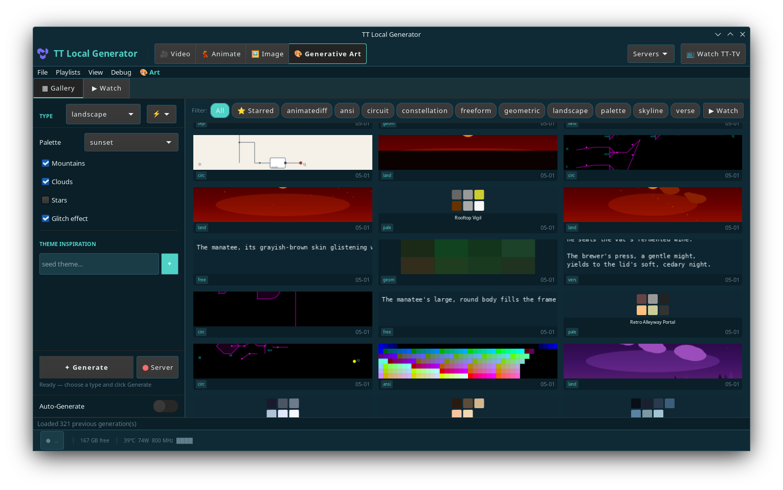 Generative Art gallery — all plugin types visible including landscapes, circuits, palettes, verse, and animated GIFs
