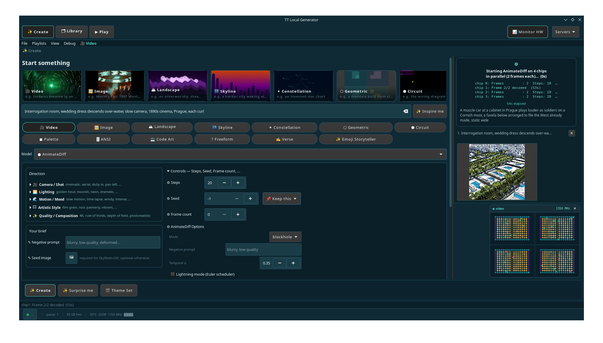 Create surface — AnimateDiff options, live per-chip progress, and the Monitor HW visualizer