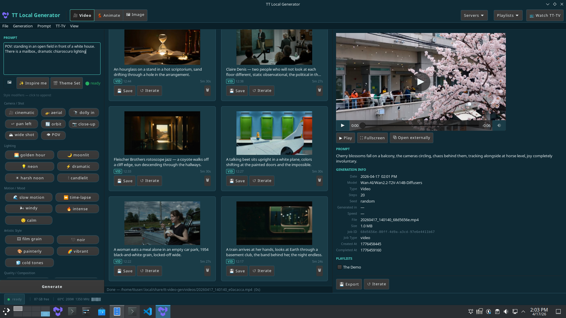 tt-local-generator main interface — video generation, history gallery, and TT-TV mode