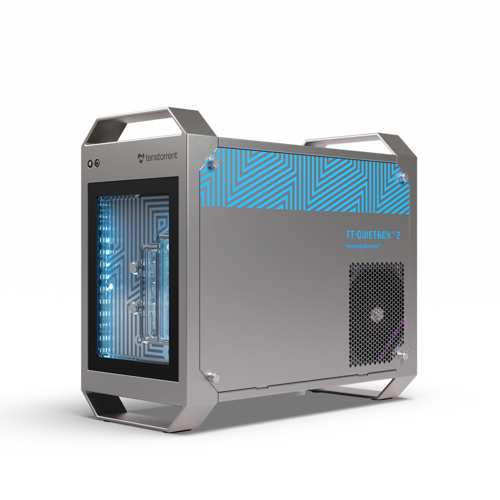 TT-QuietBox 2 — a small-form-factor workstation with a glass side panel showing the liquid-cooled Blackhole cards and teal accent graphics