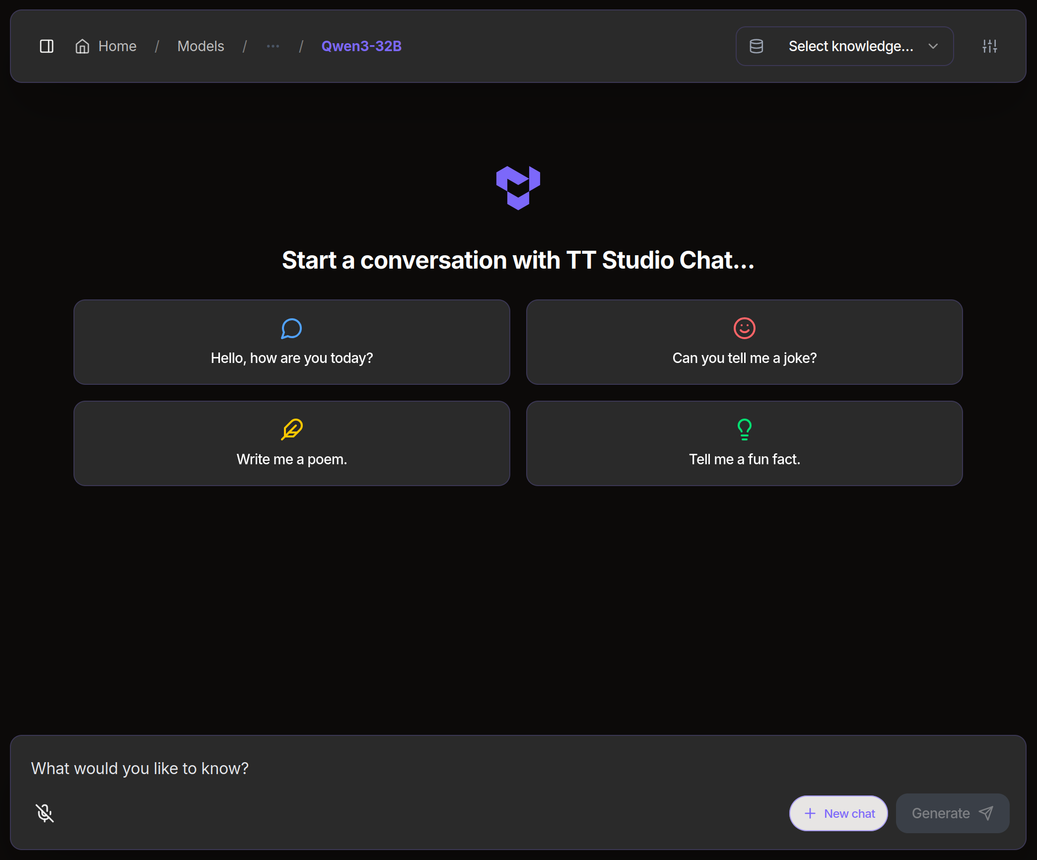 TT-Studio chat interface showing the start of a conversation with the Qwen3-32B model