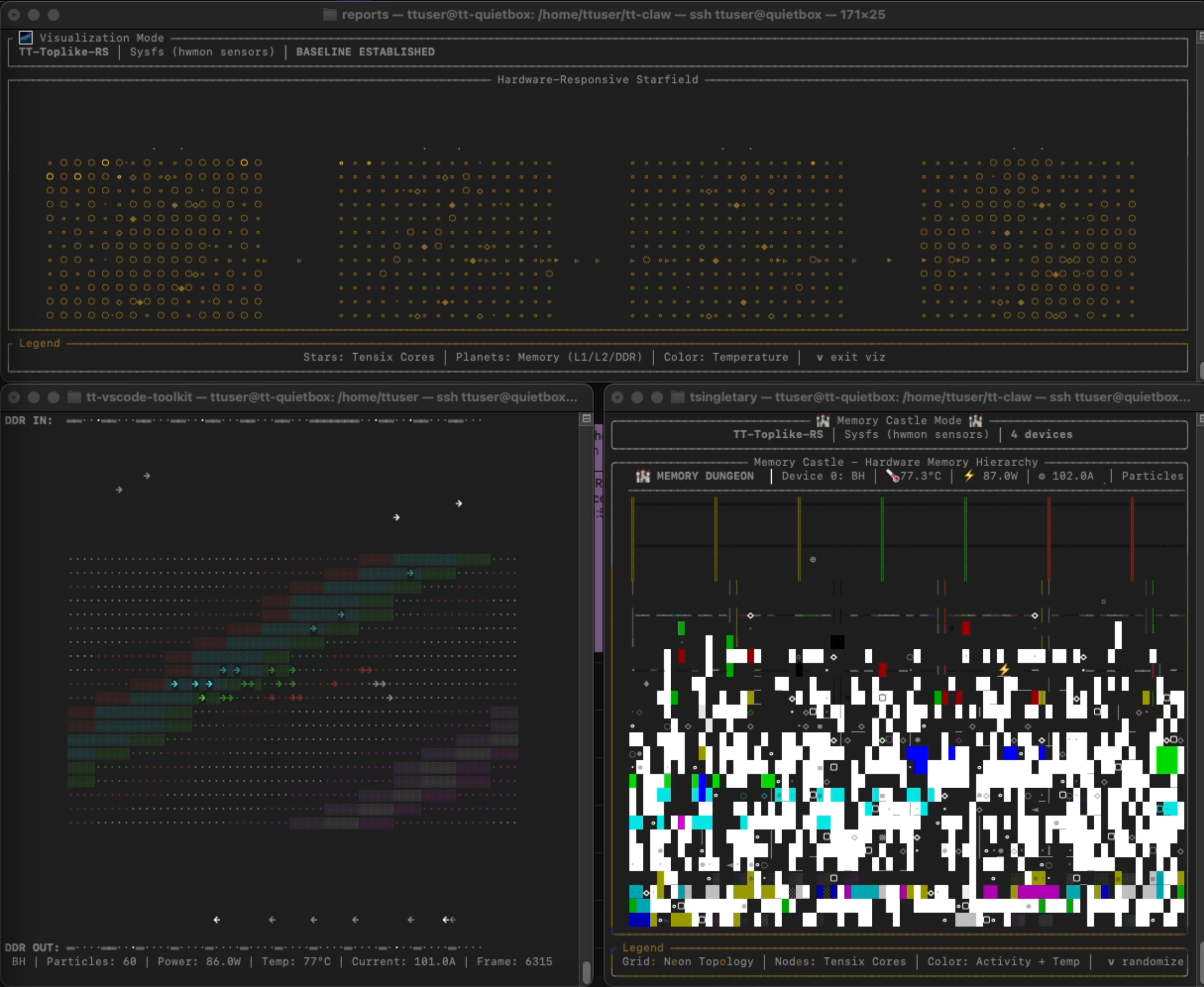 tt-toplike multi-window view showing starfield and memory castle visualizations simultaneously