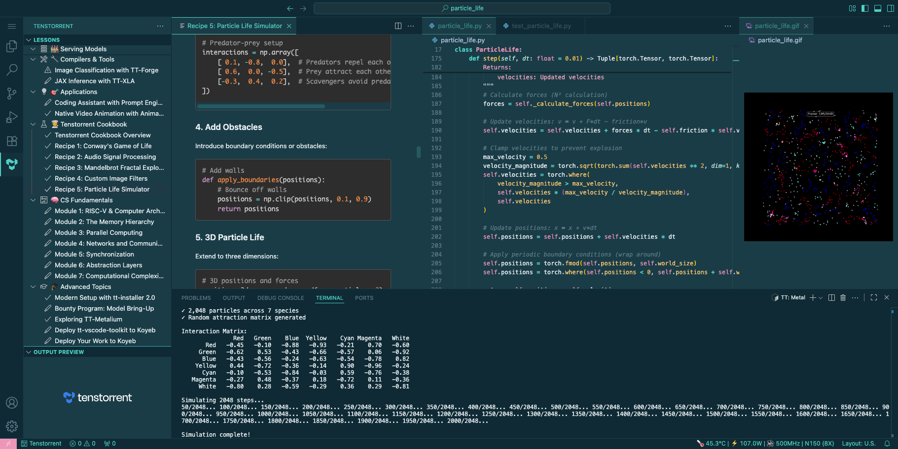 TT Developer Toolkit — lesson panel inside VS Code showing interactive lessons with hardware badges and one-click terminal commands
